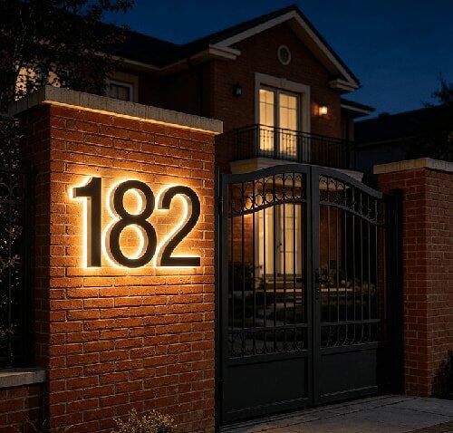 Backlit LED Stainless Steel Address Numbers - Modern Lighted House Signs in Brushed Silver Texture