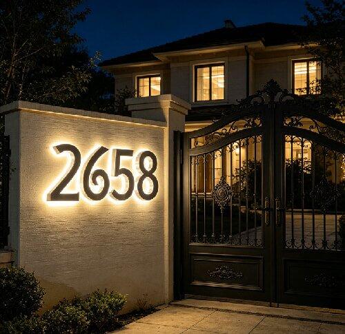 Backlit LED Stainless Steel Address Numbers - Modern Lighted House Signs in Brushed Silver Texture