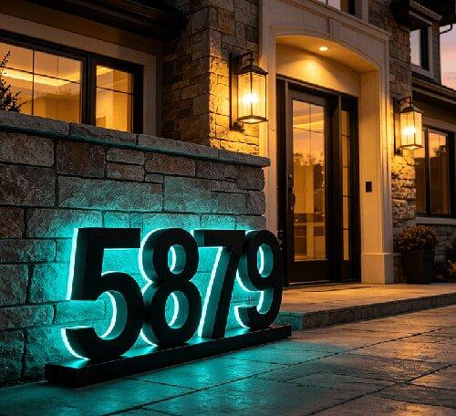 Backlit LED Stainless Steel Address Numbers - Modern Lighted House Signs in Brushed Silver Texture
