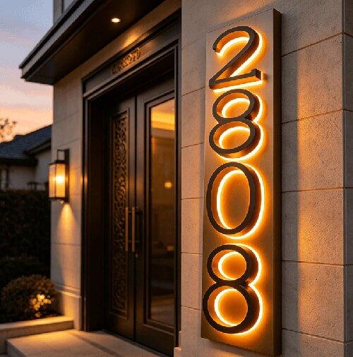 Backlit LED Stainless Steel Address Numbers - Modern Lighted House Signs in Brushed Silver Texture