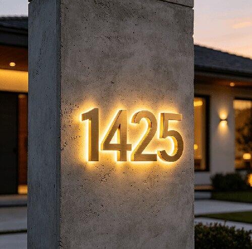 Backlit LED Stainless Steel Address Numbers - Modern Lighted House Signs in Brushed Silver Texture