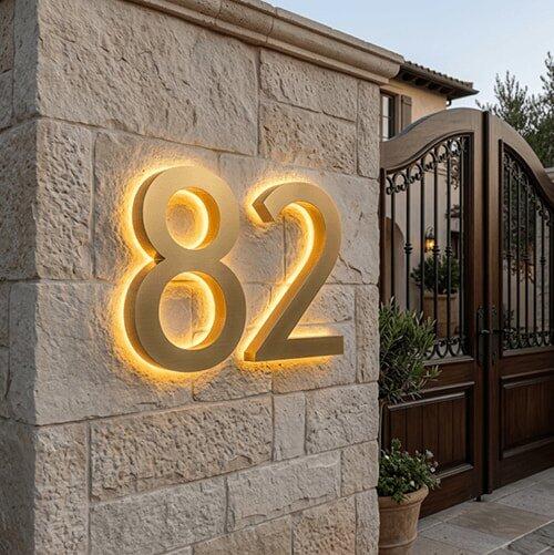 Backlit LED Stainless Steel Address Numbers - Modern Lighted House Signs in Brushed Silver Texture