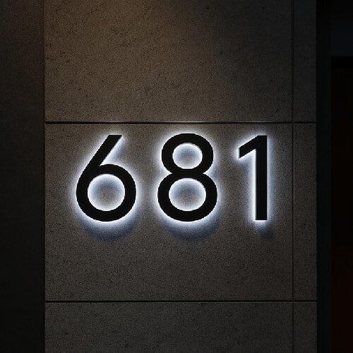 Backlit LED Stainless Steel Address Numbers - Modern Lighted House Signs in Brushed Silver Texture