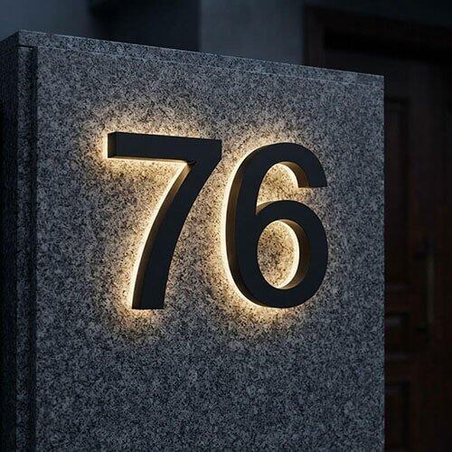 Backlit LED Stainless Steel Address Numbers - Modern Lighted House Signs in Brushed Silver Texture