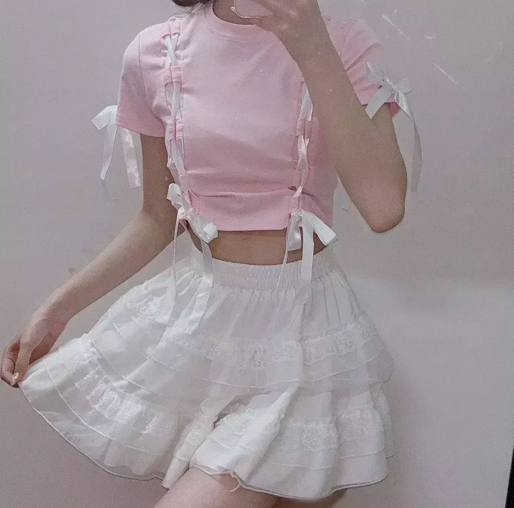 coquette バレエコア ダークコケット レース リボン トップ ダークコケットクロップトップ - Litlookz Studio