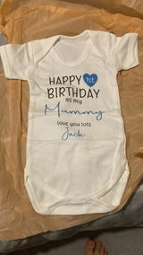 Personalised Happy 1st Birthday As My Mummy Baby Vest Bodysuit for Boys, Blue Heart