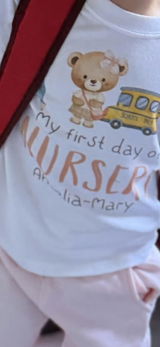 Personalised First Day of Nursery Kids T-Shirt for Girls, Teddy Bear and School Bus with Name