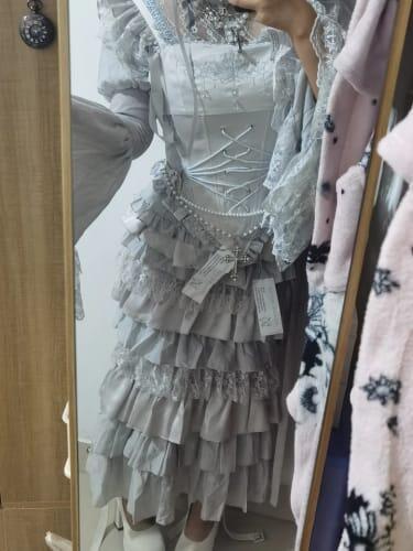 Bionic Humanoid Gothic Lolita Grey Silver Cross Corset Mermaid Cake Skirt Set