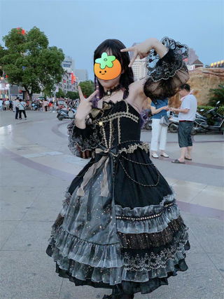 Customer photo for Black Starry Night Square Collar Bowknot Multi-layer Ruffled Cardigan Gothic Lolita JSK Dress With Detached Sleeves
