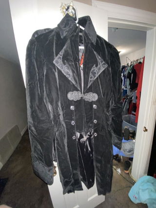 Customer photo for Black Embroidered Collar Long Sleeves Mens Velveteen Tuxedo Gothic Coat