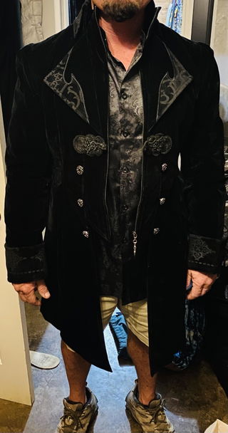 Customer photo for Black Embroidered Collar Long Sleeves Mens Velveteen Tuxedo Gothic Coat