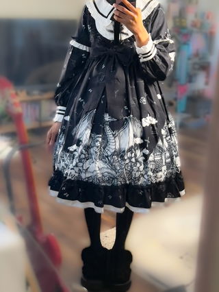 Customer photo for Black [castle Night] Print Long Sleeves Ruffle Bowknot Gothic Lolita Dress