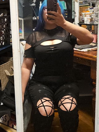 Customer photo for Black Print Hollow Punk Leggings