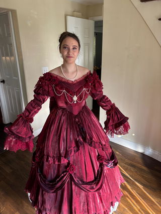 Customer photo for Red Tana Manor Rose Flower Long Sleeves Ruffle Bowknot Gothic Lolita Strapless Dress