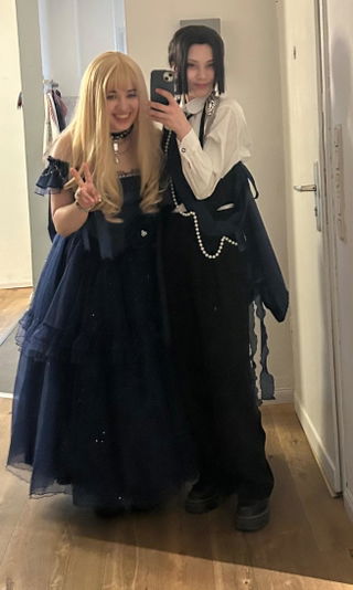 Customer photo for Blue [bright Stars] Off Shoulder Ruffle Bowknot Asymmetric Sweet Lolita Dress