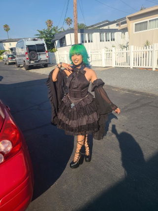 Customer photo for Desire Snake Halterneck Multi-layer Ruffle Lace Gothic Lolita Dress