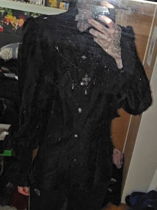 Customer photo for Black Stand Collar Long Sleeves Ruffle Lace Cross Men's Gothic Blouse