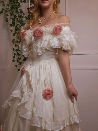 Customer photo for Ivory Tana Manor Rose Flower Long Sleeves Ruffle Bowknot Sweet Lolita Strapless Dress