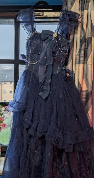 Customer photo for Blue [bright Stars] Off Shoulder Ruffle Bowknot Asymmetric Sweet Lolita Dress