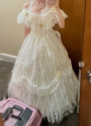 Customer photo for White Tana Manor Rose Flower Long Sleeves Ruffle Bowknot Sweet Lolita Strapless Dress