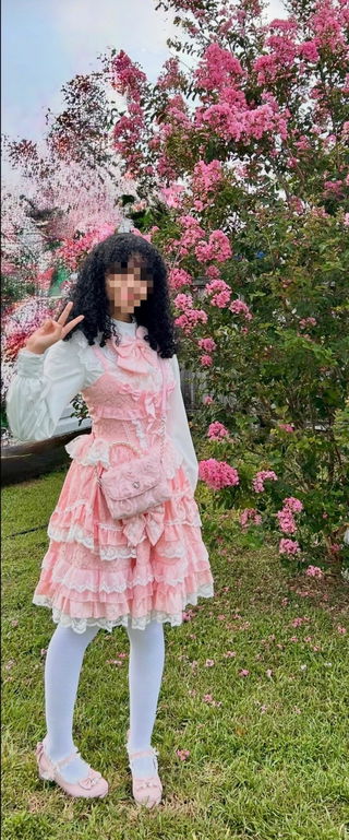 Customer photo for Pink Ruffle Bowknot Stitching Lace Sweet Lolita JSK