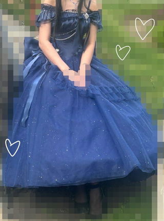 Customer photo for Blue [bright Stars] Off Shoulder Ruffle Bowknot Asymmetric Sweet Lolita Dress
