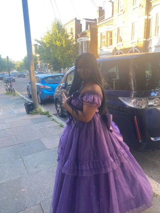 Customer photo for Purple [bright Stars] Off Shoulder Ruffle Bowknot Asymmetric Sweet Lolita Dress
