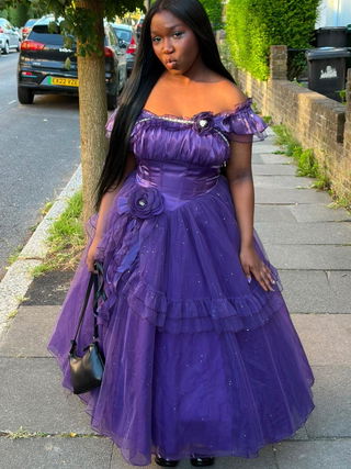 Customer photo for Purple [bright Stars] Off Shoulder Ruffle Bowknot Asymmetric Sweet Lolita Dress