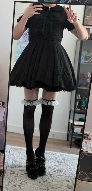 Customer photo for Black [Oath] Lapel Collar Off Shoulder Short Sleeves Bow Gothic Lolita Dress