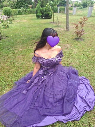 Customer photo for Purple [bright Stars] Off Shoulder Ruffle Bowknot Asymmetric Sweet Lolita Dress