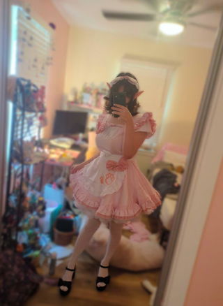 Customer photo for Pink/White Plus Size Short Sleeves Cat Paw Print Sweet Lolita Maid Dress
