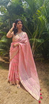 Mauve Pink Saree with Zari Border and Readymade Blouse