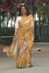 Mustard Yellow Cotton Printed Saree with Zari border and Readymade Blouse