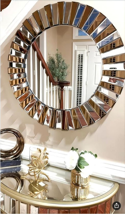 Contemporary Decorative Wall Mirror Round Starburst Mirror w/ Glass Beveled Edge for Living Room