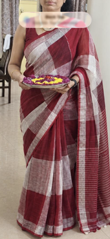 Maroon and White Shades - Organic linen big checks with small border - Perfect for Office Wear / Boardroom meetings / Higher Officials