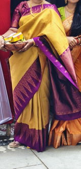 (PRE-BOOKING) Golden Yellow - Thendral - Kanchi semi silk with zari weaving body with temple border - Perfect for Wedding Functions