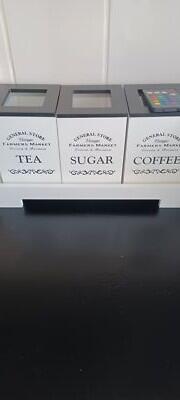 White Tea, Coffee & Sugar Canisters (Set of 3) with Stand