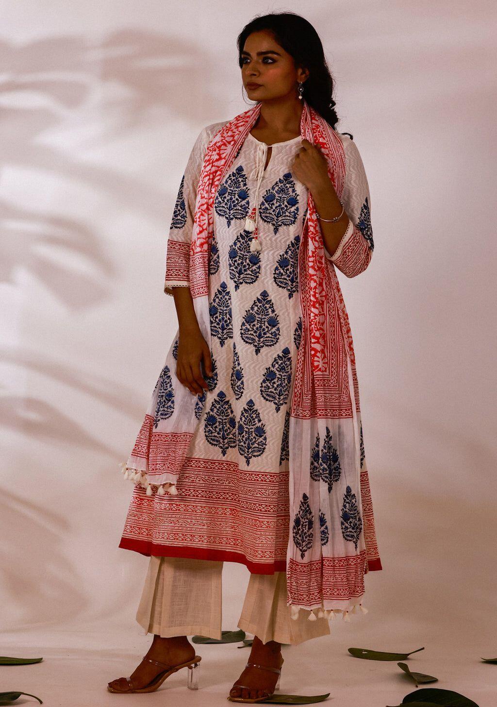 Dobby Blue Hand-Block Print A-line Kurta Set