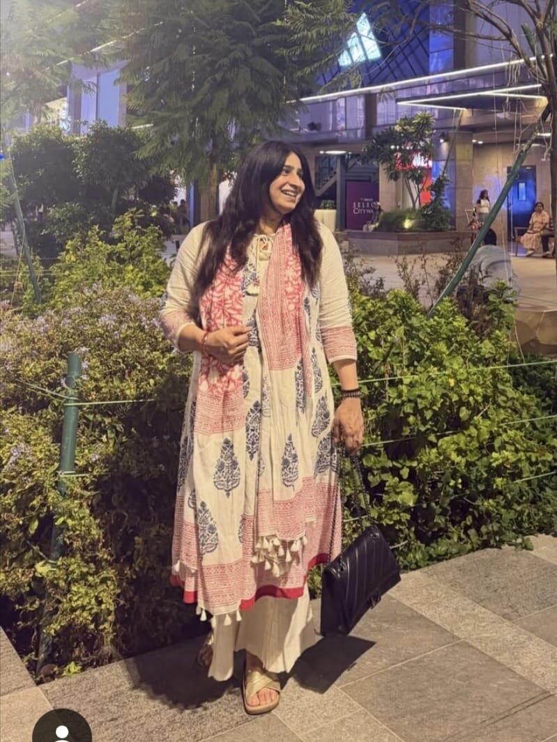 Dobby Blue Hand-Block Print A-line Kurta Set