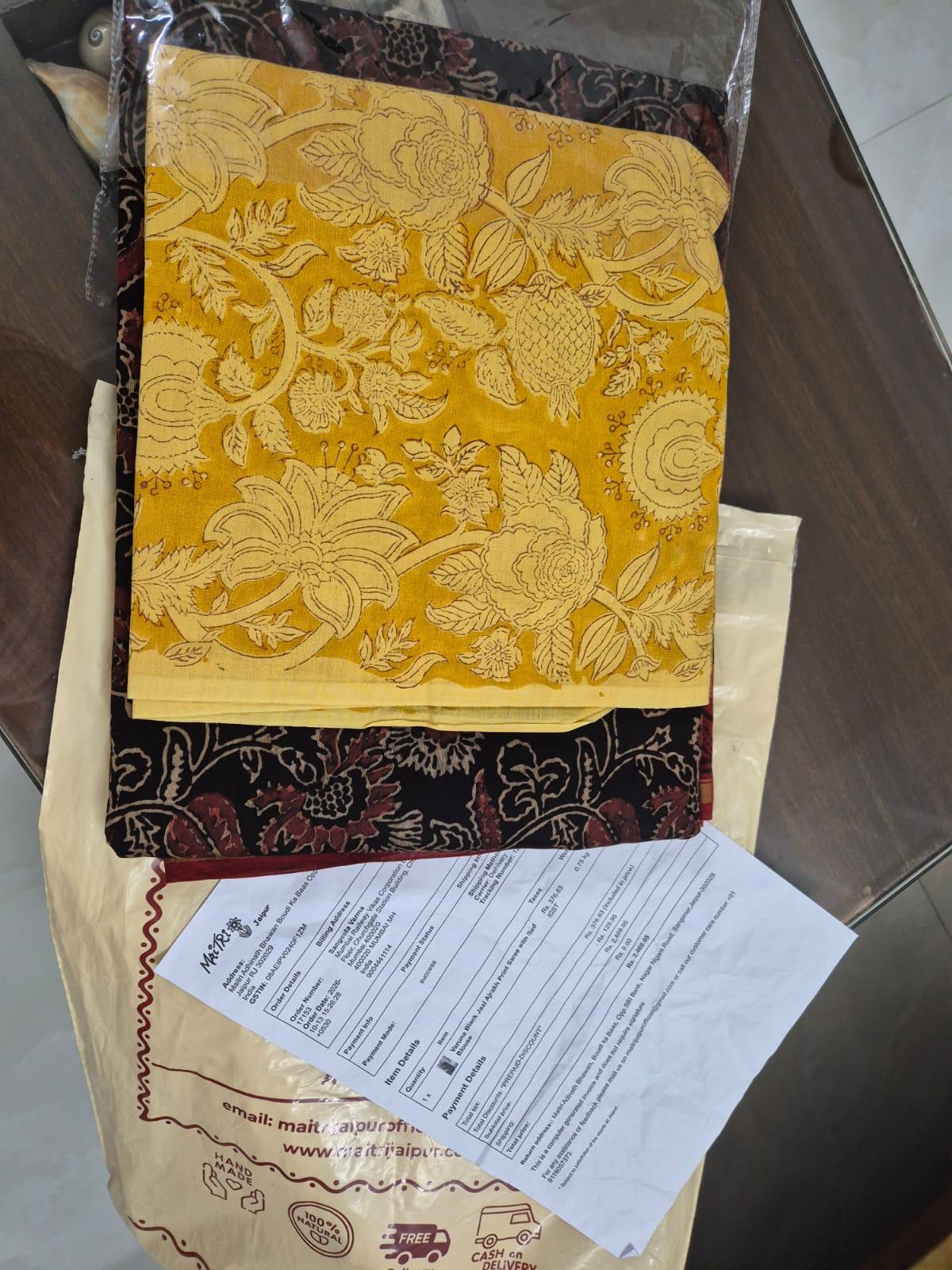 Varuna Black Jaal Ajrakh Print Saree with Red Blouse
