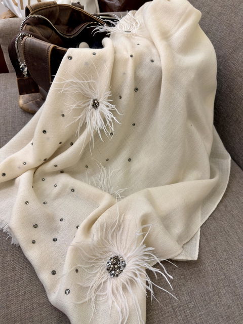 Ivory Cashmere Scarf White Ostrich Feather Flowers with Metallic Beads & Swarovski Crystals