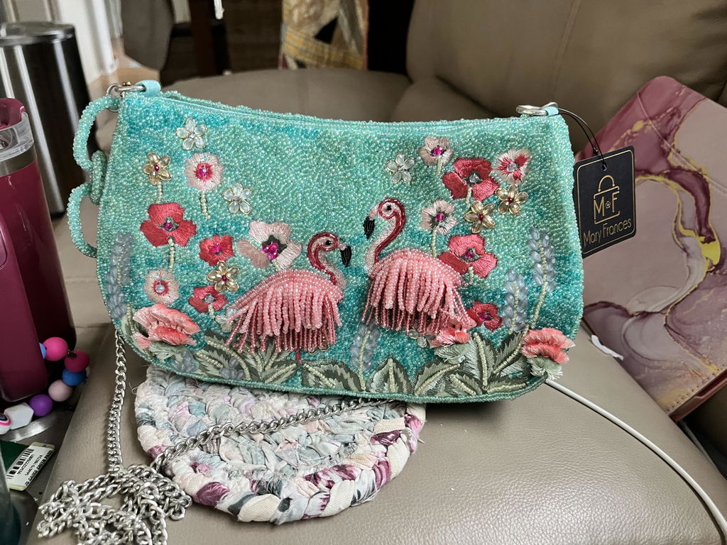 Flirty Flamingos Beaded Crossbody Clutch Handbag