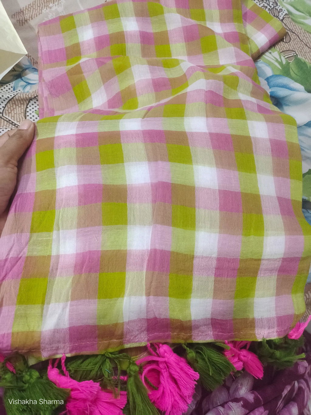 Morning Dew - Pink Lime Gingham Mulmul Cotton Saree