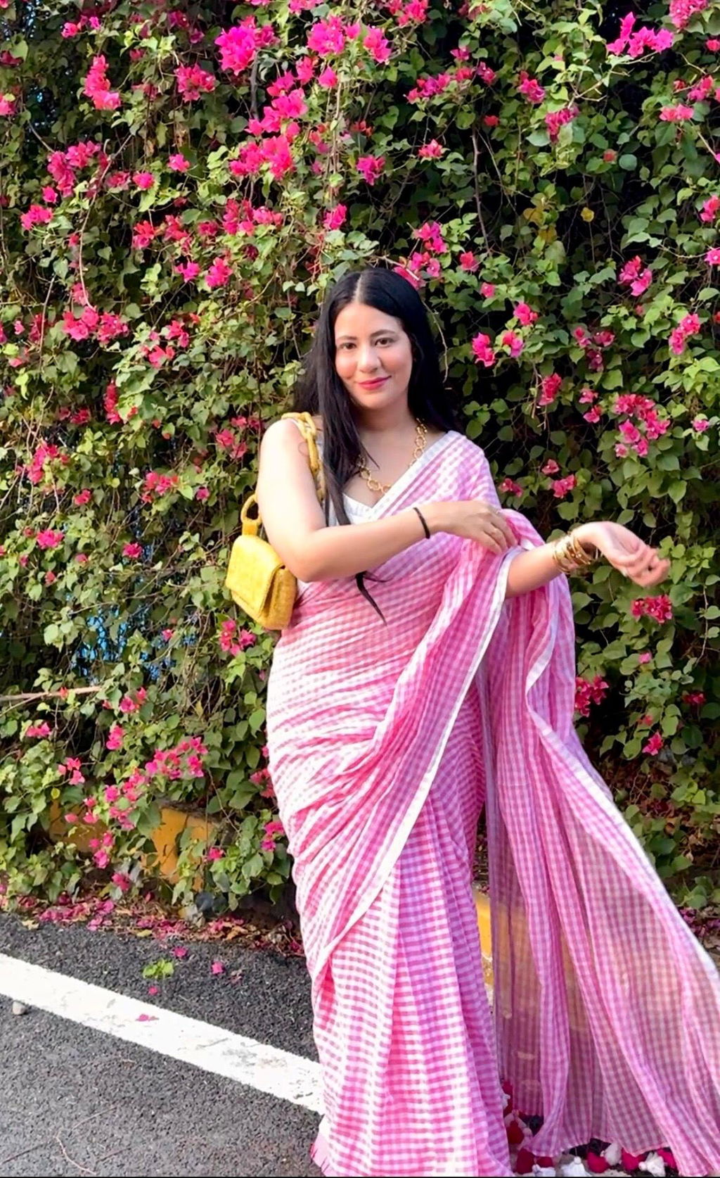 Blush Orchard - Soft Pink Gingham Mulmul Cotton Saree