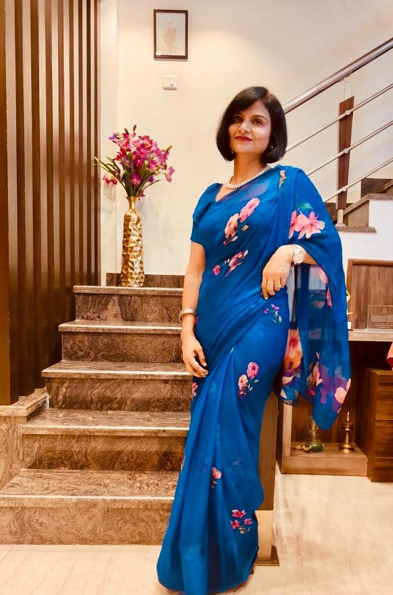 Azura - Royal Blue Floral Print Pure Chiffon Saree