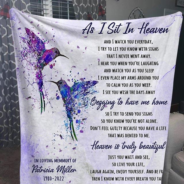 In Memory of Gift | As I Sit in Heaven Hummingbird Sympathy Throw Blanket | Memory-gift.co