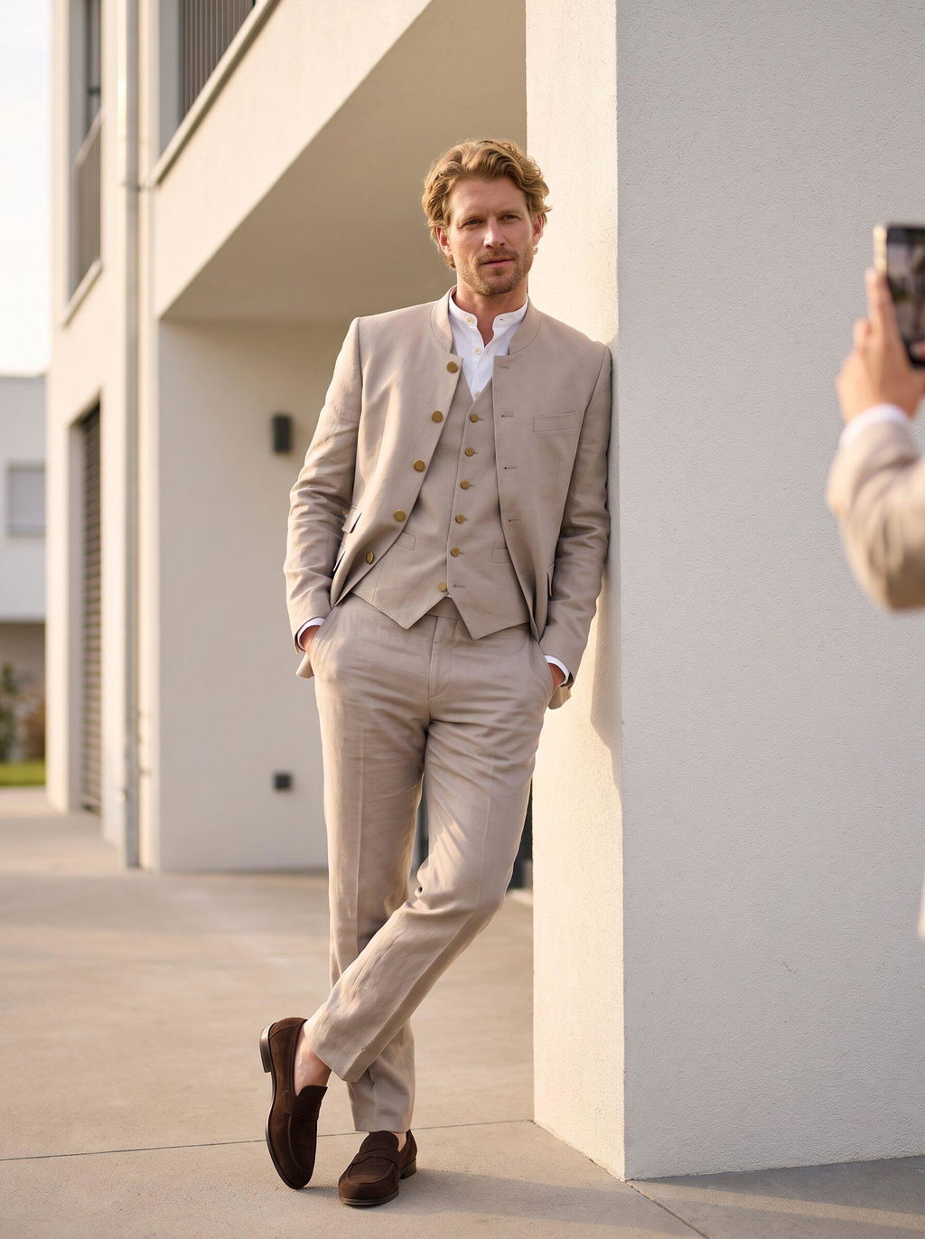 Classic 3 Piece Men's Slim Fit Solid Color Stand Collar Wedding Suit (Blazer+vest+Pants)