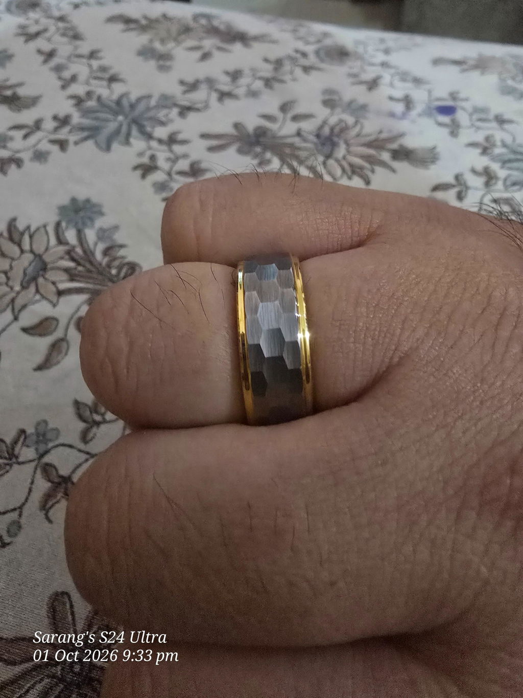 Hammered Tungsten Carbide Dual Finish Band Ring