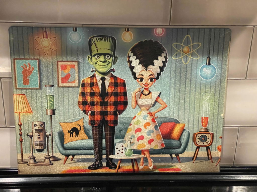 Retro Frankenstein And Bride Monster Glass Cutting Board | Vintage Kitchen Decor Home Barware for Ghoul Friends, Unique Kitchen Art