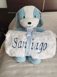 Peluche Perrito con Manta Personalizable Azul para Bebé